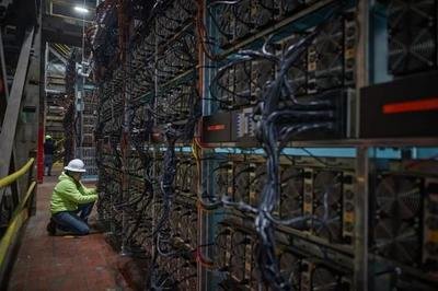 Expansive cryptocurrency mining farm with rows of ASIC miners operating in cooling-controlled environment